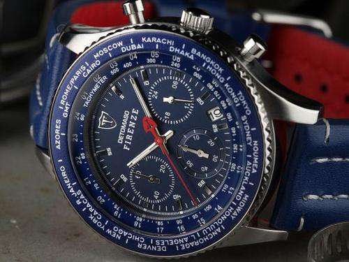 DETOMASO FIRENZE WORLD TIME BLUE ED. CHRONOGRAPH HEIDFELD TEAM WATCH W. BOX, PAPERS, FULLY LOADED!!