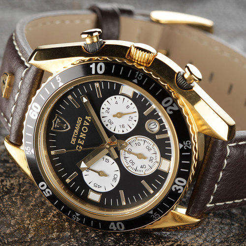 *ULTIMATE MOTO GP LUXURY* DETOMASO MEN'S GENOVA BLACK DIAL BROWN LEATHER GOLD PL. CHRONOGRAPH WATCH