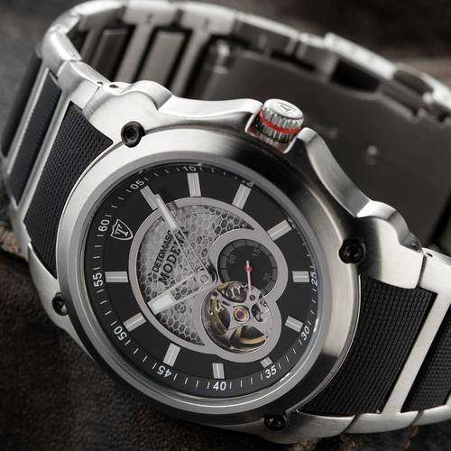 DETOMASO Men's MODENA Glass Bottom KINETIC Automatic Silver/Black Watch boxed with papers, warranty