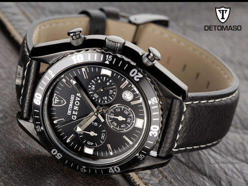 *EXQUISITE* DETOMASO Men's GENOVA Black IP Leather Italian Chronograph boxed with papers, warranty!!