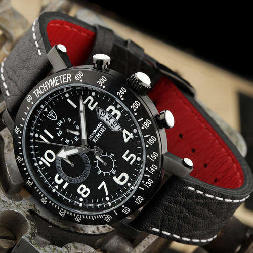 DETOMASO RIMINI BLACK IONIZED HEIDFELD RACER CHRONOGRAPH MEN'S WATCH W. BOX, PAPERS, FULLY LOADED!!