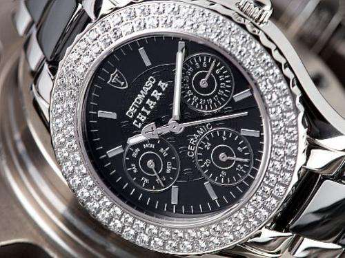 DETOMASO Lady CHIRA SWAROVSKI CRYSTAL CERAMIC CHRONOGRAPH WATCH W. BOX, PAPERS, WARRANTY