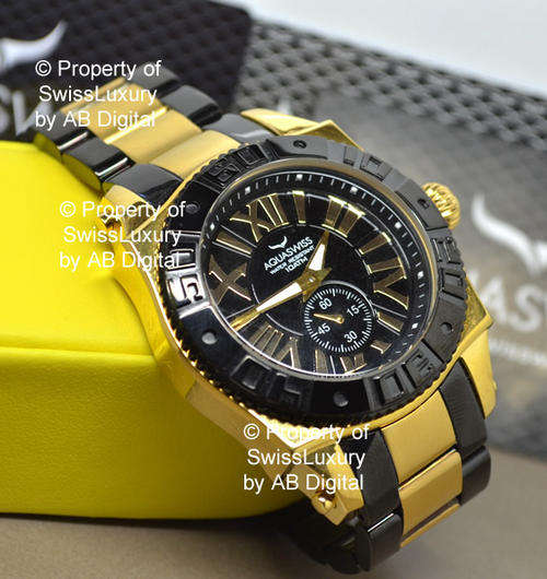 **SWISS MADE** AQUASWISS MEN'S AQUANAUT 18k GOLD PL BLACK IONIZED SWISS WATCH boxed with papers