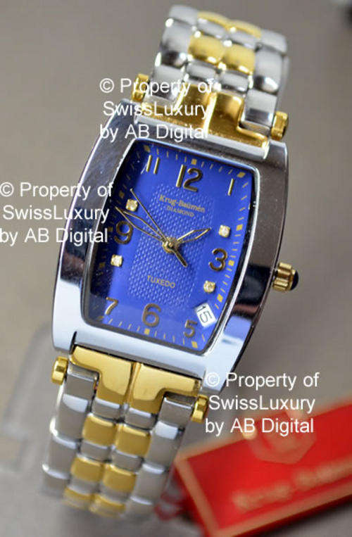KRUG BAUMEN Men's Square Blue **Diamond** Dial Watch w. box, papers, 5yr warranty