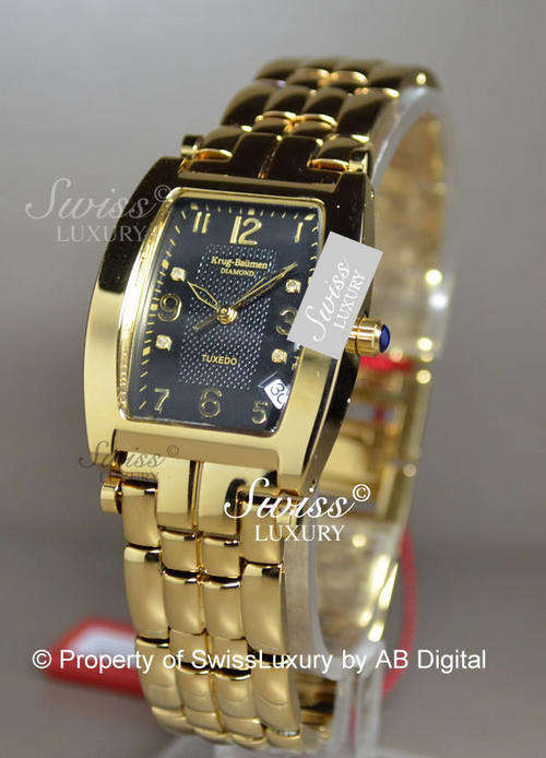 KRUG BAUMEN Men's British Full Gold pl BLACK **Diamond** Dial Watch w. box, papers, 5yr warranty