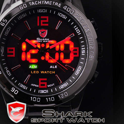 *PERFECT GIFT* SHARK LED 3 HAND FULL BLACK IP STEEL WATCH W/ BOX, PAPERS, LOADED!!