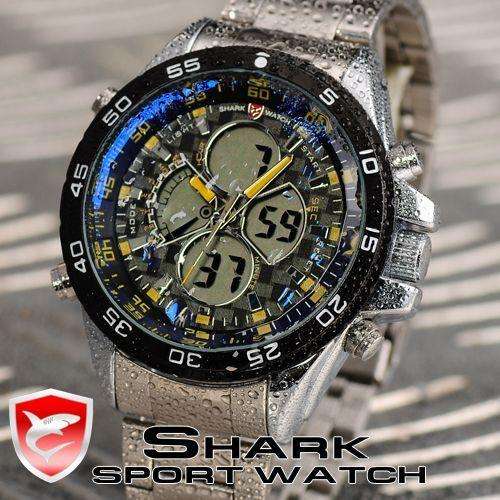 *PERFECT GIFT* SHARK DUAL LED **STEEL** CHRONOGRAPH PACIFIC REGATTA WATCH W/ BOX, PAPERS, LOADED!!