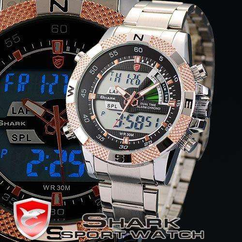 *1 day only* SHARK DUAL LED **STEEL** Gold Edition CHRONOGRAPH PORBEAGLE YACTH WATCH W/ BOX, PAPERS!