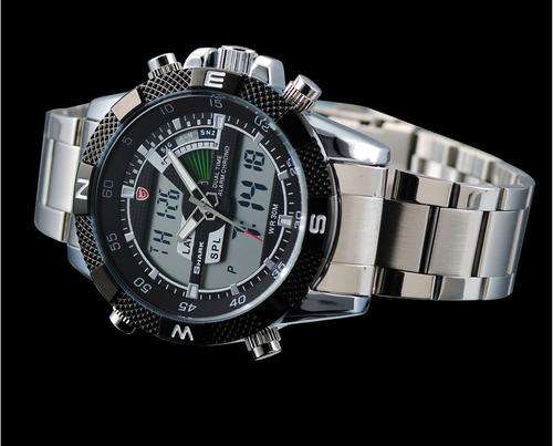 SHARK DUAL LED **STEEL** CHRONOGRAPH PORBEAGLE YACTH WATCH W/ BOX, PAPERS, LOADED!!