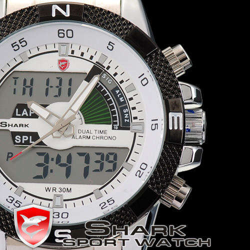 SHARK DUAL LED **STEEL** CHRONOGRAPH PORBEAGLE YACTH WATCH W/ BOX, PAPERS, LOADED!!
