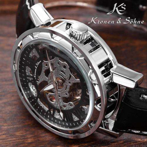 *ends @ 1:45pm* KRONEN & SOHNE Black Mech Warrior Skeleton Automatic Mechanical Watch w/ box, papers