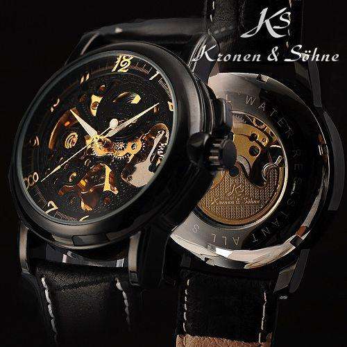 KRONEN & SOHNE **FULL BLACK IONIZED** Warrior Automatic Mechanical Leather Watch w/ box, papers