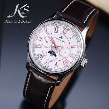 *FREE COURIER* KRONEN & SOHNE Moonphase Leather Automatic Mechanical Watch w/ box, papers, warranty