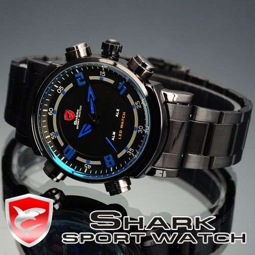 SHARK LED ARROW BLACK ION 45MM 3 HAND STEEL WATCH W/ BOX, PAPERS, LOADED!!