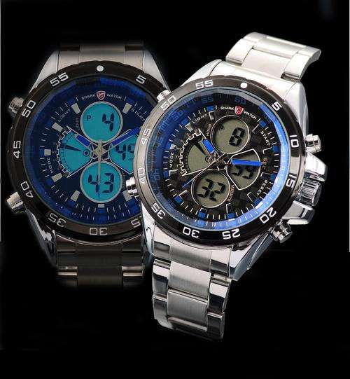 SHARK DUAL LED **STEEL** CHRONOGRAPH PACIFIC REGATTA WATCH W/ BOX, PAPERS, LOADED!!