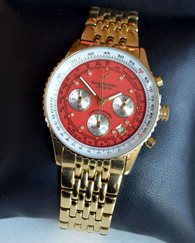 KRUG BAUMEN Aeronautical Pilot *DIAMOND* FULL GOLD pl. Chronograph Watch