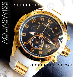 R28,000.00 >> Rare AQUASWISS Men's 18k GOLD Black Snow Trax Chronograph Swiss Watch