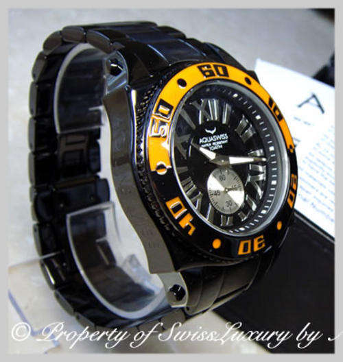 AQUASWISS MEN'S BLACK ION STEEL COMBAT DIVER SWISSPORT 100M WATER RESISTANT WATCH