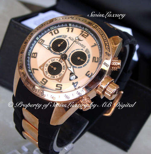 Brand New AQUASWISS Men's TRAX Cream REAL 18k ROSE GOLD pl Chronograph Swiss Watch W/ BOX AND PAPERS