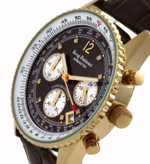 RARE **DIAMOND**MEN'S KRUG BAUMEN 8 DIAMONDS PILOT SLIDE RULE WATCH BEAUTIFUL, ELEGANT