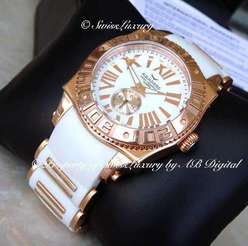 AQUASWISS Ladies Snow White REAL 18K ROSE GOLD pl Swiss Watch W/ BOX AND PAPERS