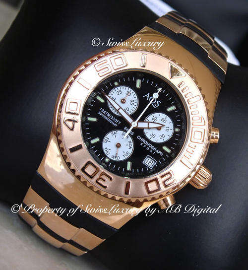 ONLY 1** Rare AQUASWISS Sport Limited Edition Rose Gold Chronograph Swiss Watch W/ BOX AND PAPERS