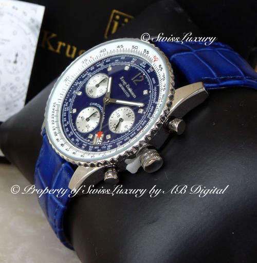 **DIAMOND** MEN'S KRUG BAUMEN Limited Blue AIRMASTER PILOT SLIDE RULE WATCH  W/ BOX AND PAPERS