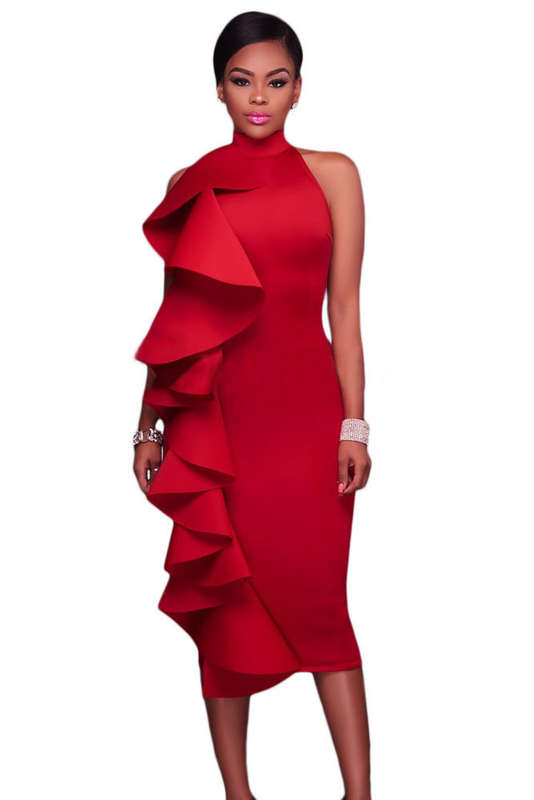 High Neck Ruffled Midi