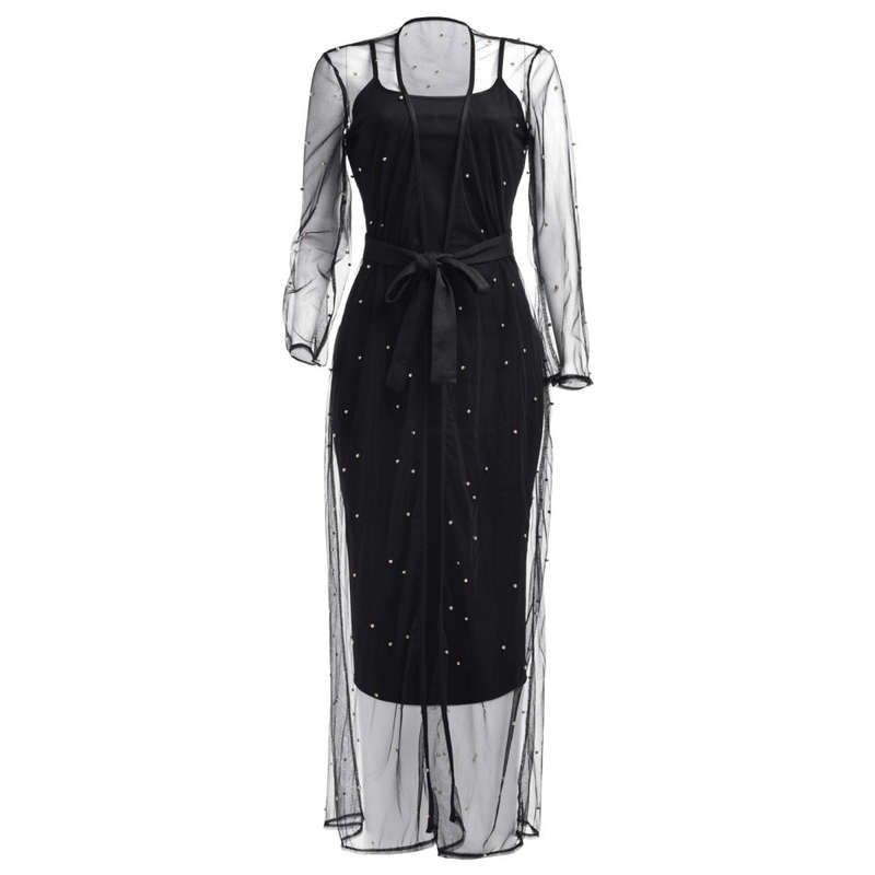 Dress + diamond gauze perspective jacket two sets