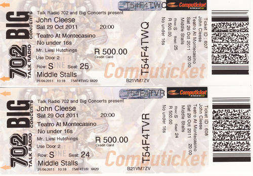 John Cleese Alimony Tour : 2 tickets JHB - Sat 29 October Middle Stalls