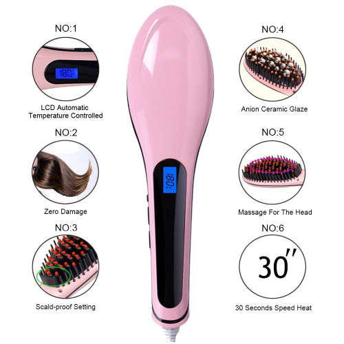 Fast Electric Hair Straightening Brush. With Temperature Controls. LED Display. Pink color.