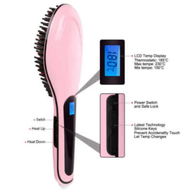 Fast Electric Hair Straightening Brush. With Temperature Controls. LED Display. Pink color.