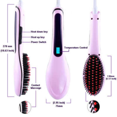 Fast Electric Hair Straightening Brush. With Temperature Controls. LED Display. Pink color.