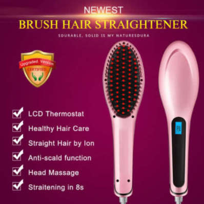 Fast Electric Hair Straightening Brush. With Temperature Controls. LED Display. Pink color.