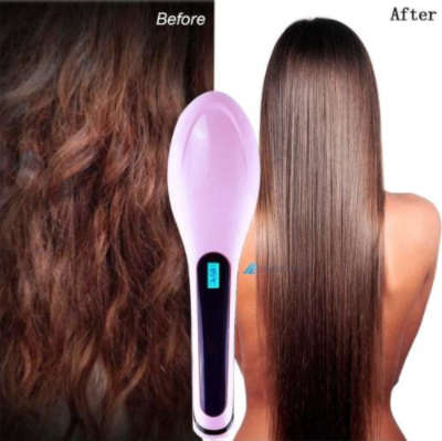 Fast Electric Hair Straightening Brush. With Temperature Controls. LED Display. Pink color.