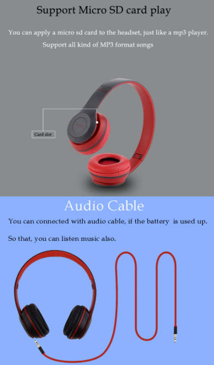 Wireless Bluetooth Bass Headphones with controls, Microphone, FM Radio, TF Card slot Assorted colors