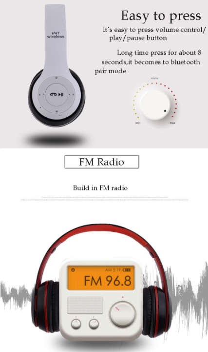 Wireless Bluetooth Bass Headphones with controls, Microphone, FM Radio, TF Card slot Assorted colors