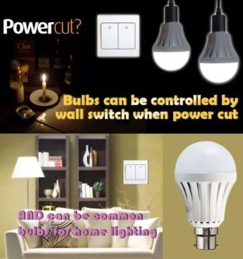Intelligent LED Emergency Light Bulb. Built in battery to stay lit during power cuts. Pin Type
