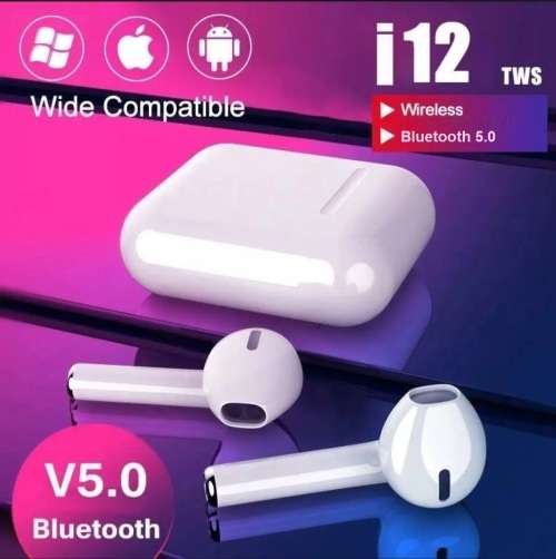 i12 Wireless Earphones. Compatible With Android, iOS, Windows and Mac OS. Bluetooth 5.0
