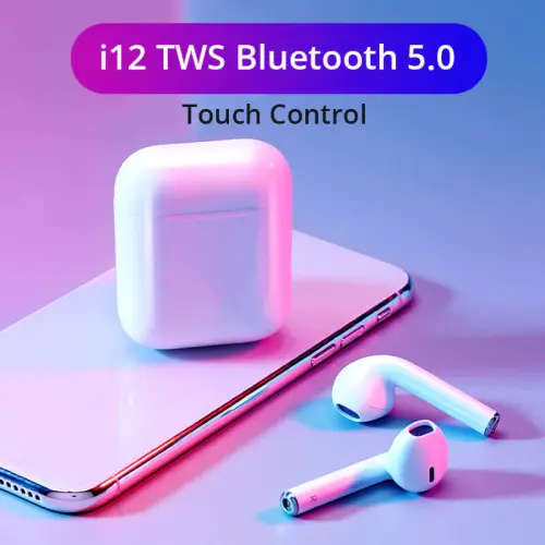 i12 Wireless Earphones. Compatible With Android, iOS, Windows and Mac OS. Bluetooth 5.0