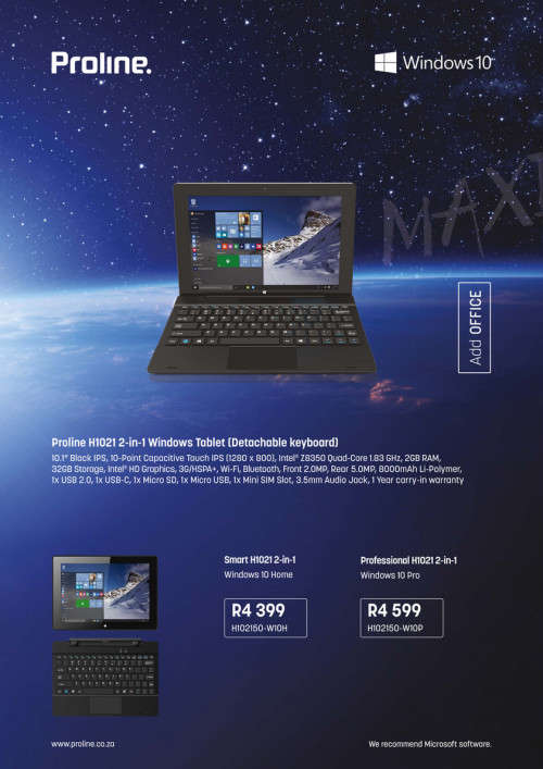 2-in-1 Proline QuadCore tablet @ 1.83Ghz, 2gb Ram, 32gb EMMC Flash, LTE/WiFi, Windows10