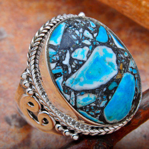 AWESOME JASPER CONGLOMERATE STERLING SILVER RING -SIZE 8