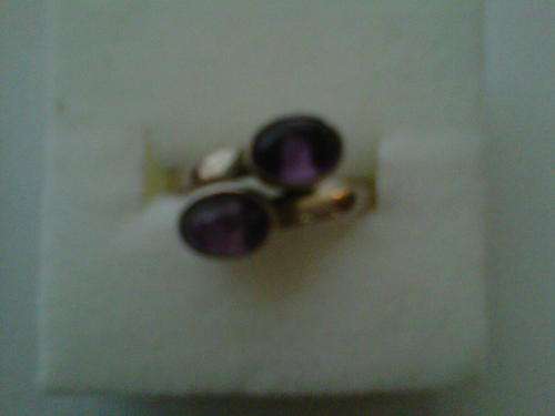 AMETHYST TWO STONE, SPLIT BAND STERLING SILVER RING -SIZE 8