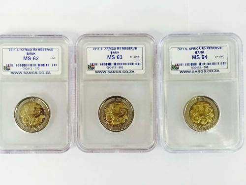 **3 COIN SET - 2011 SARB COLLECTION R5 COINS GRADED MS 62,63,64** 10sets available