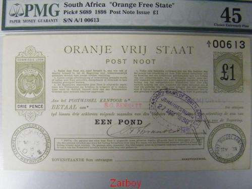 Oranje Vrij Staat Post Noot - Een Pond - TOP GRADE & never been folded !!!