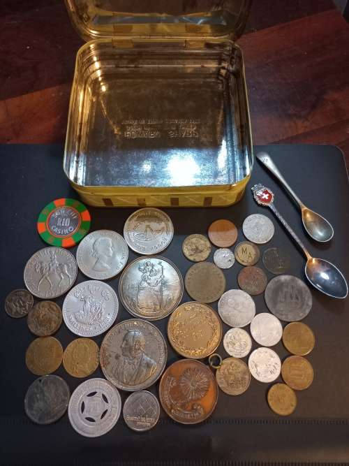 Collection of Medals, tokens,coins and more in Vintage tin