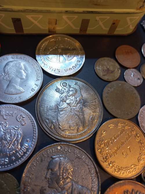Collection of Medals, tokens,coins and more in Vintage tin