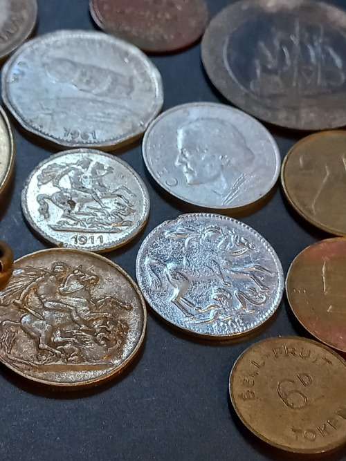 Collection of Medals, tokens,coins and more in Vintage tin