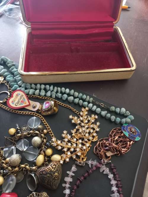 Large lot of costume jewelery in old trinket box