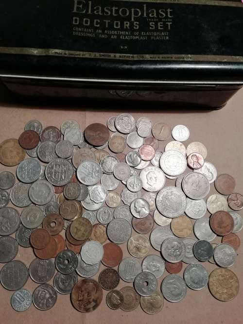 Vintage tin including 130 mixed coins - one bid